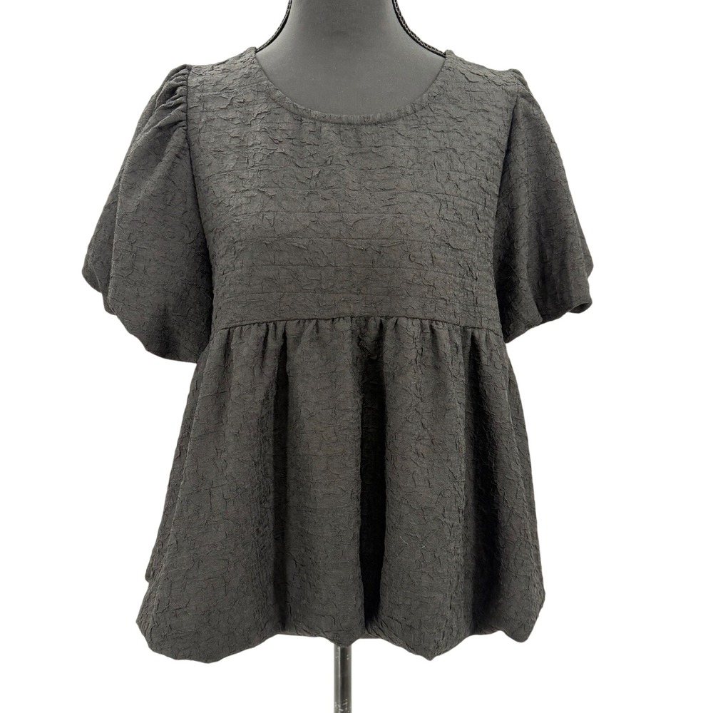Entro Black Textured Peplum Babydoll Top Womens Small Puff Sleeve Boho